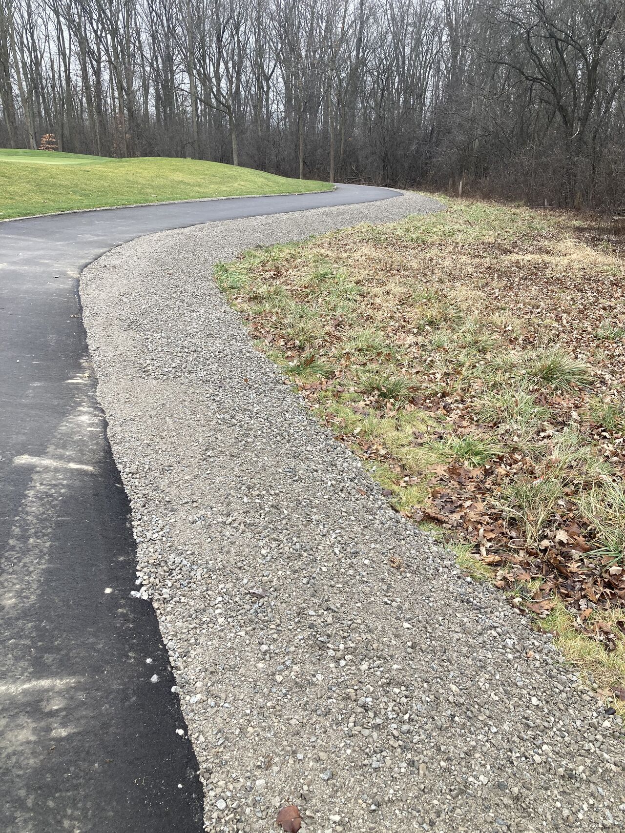 Curving paved golf course path with gravel edging, bordered by a well-maintained fairway and natural woodland